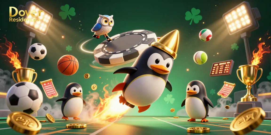 Dover Residences features vibrant 3D cartoon penguin with golden coins amid sports elements and a dynamic casino scene.