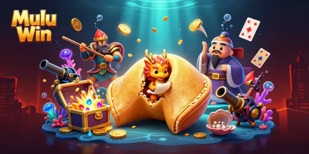 Win exciting games on Mulu Win with vibrant scenes of fortune cookies and treasures.