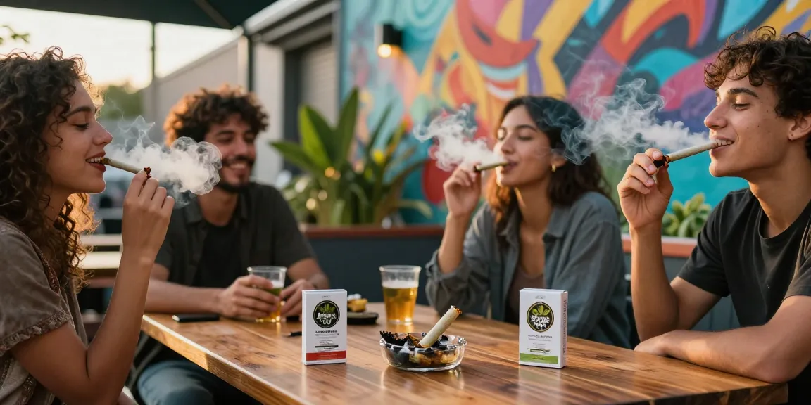 Friends enjoying premium pre rolled joints in a vibrant urban setting, showcasing social cannabis experience.