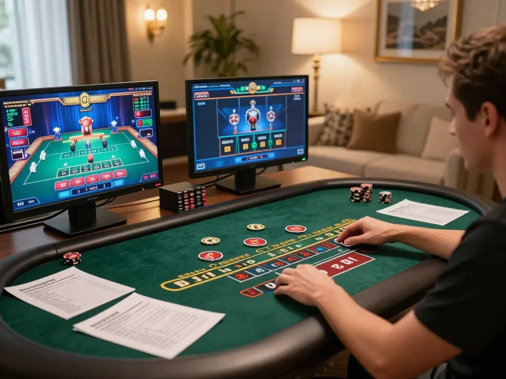 Experience the excitement of online baccarat gameplay at 388bet with stylish home decor and multiple game screens.
