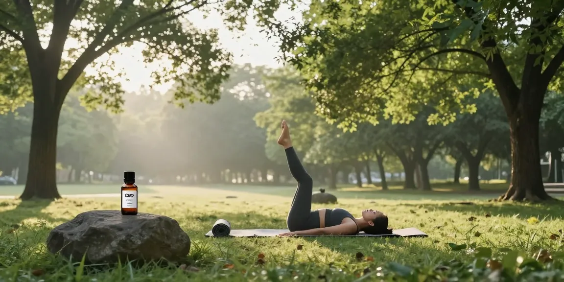 Ministry of Cannabis CBD oil bottle featured in peaceful outdoor yoga session, promoting wellness and relaxation.