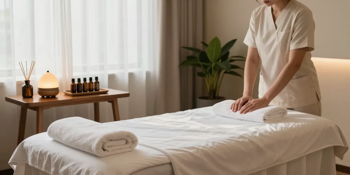 Massage therapy room with a calming atmosphere featuring a massage table, essential oils, and ambient lighting.