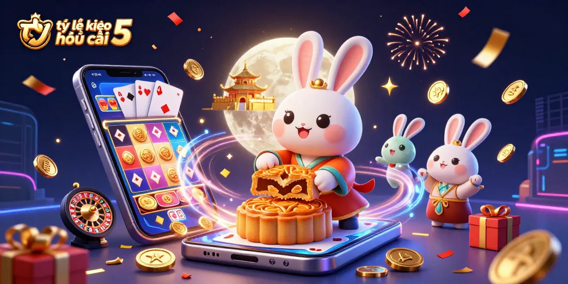 Experience the excitement of tỷ lệ kèo nhà cái 5 with a vibrant 3D illustration showcasing playful characters and casino elements.