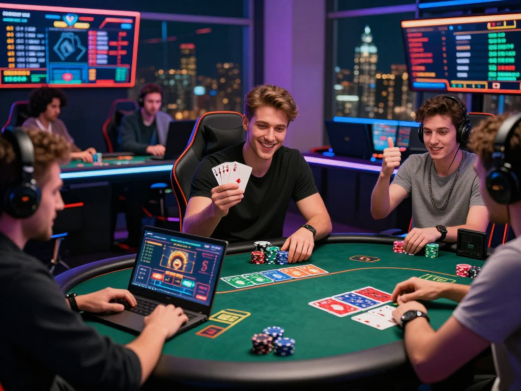 Engaging online gambling experience at situs raja328 with players immersed in a virtual poker game, vibrant atmosphere, and modern gaming setup.