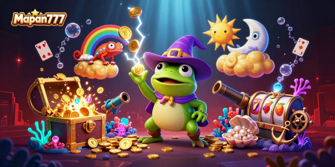 Experience the thrill of Mapan777 with vibrant 3D illustrations of gaming characters and gold treasures.