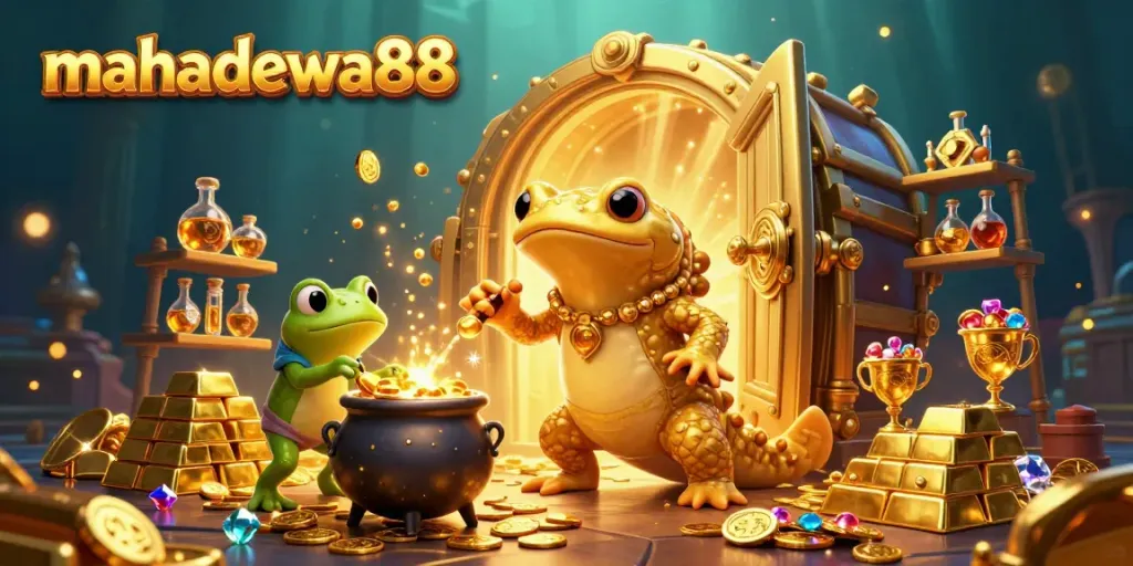 Experience the enchanting world of mahadewa88 with a golden salamander alchemist amid treasures in this vibrant illustration.