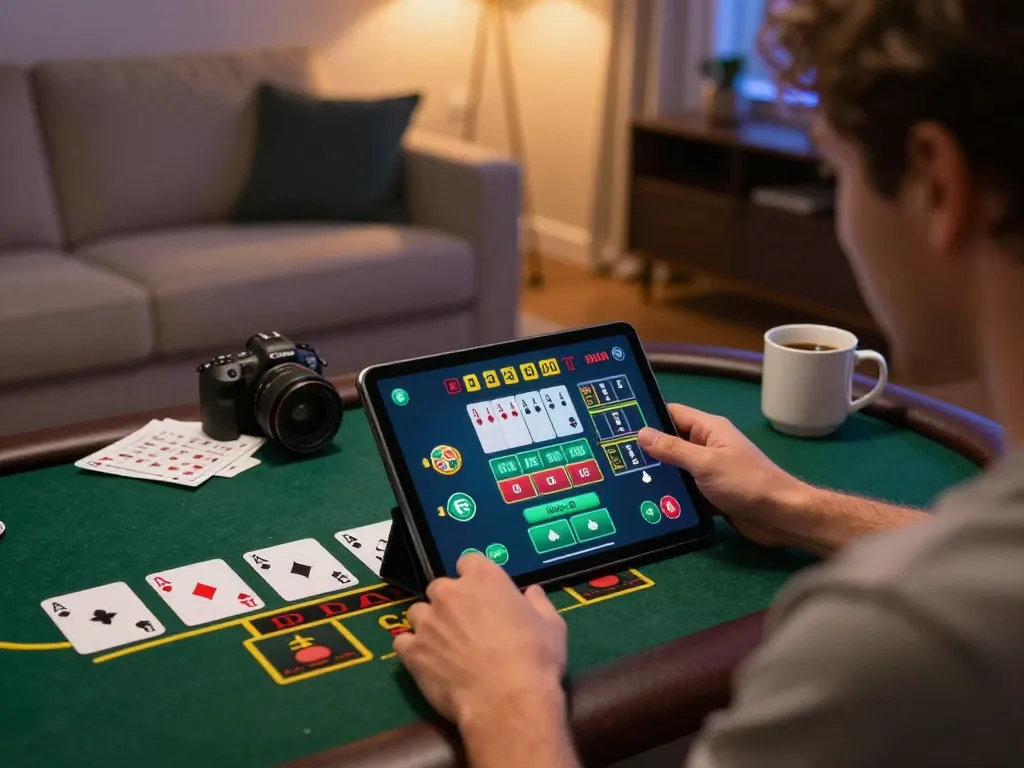 LC88 player enjoying strategic blackjack live game on tablet in cozy modern home