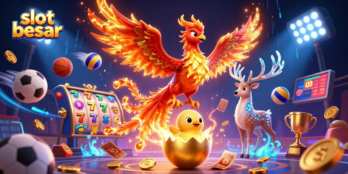 Experience the excitement of slot besar with a vibrant 3D illustration featuring dynamic characters and gaming elements.