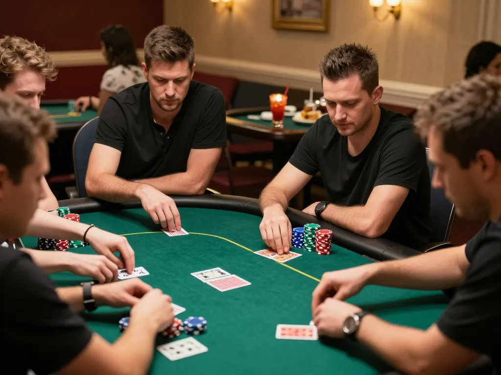 Players engaged in a high-stakes poker game at okwin, showcasing strategic gameplay and luxury.