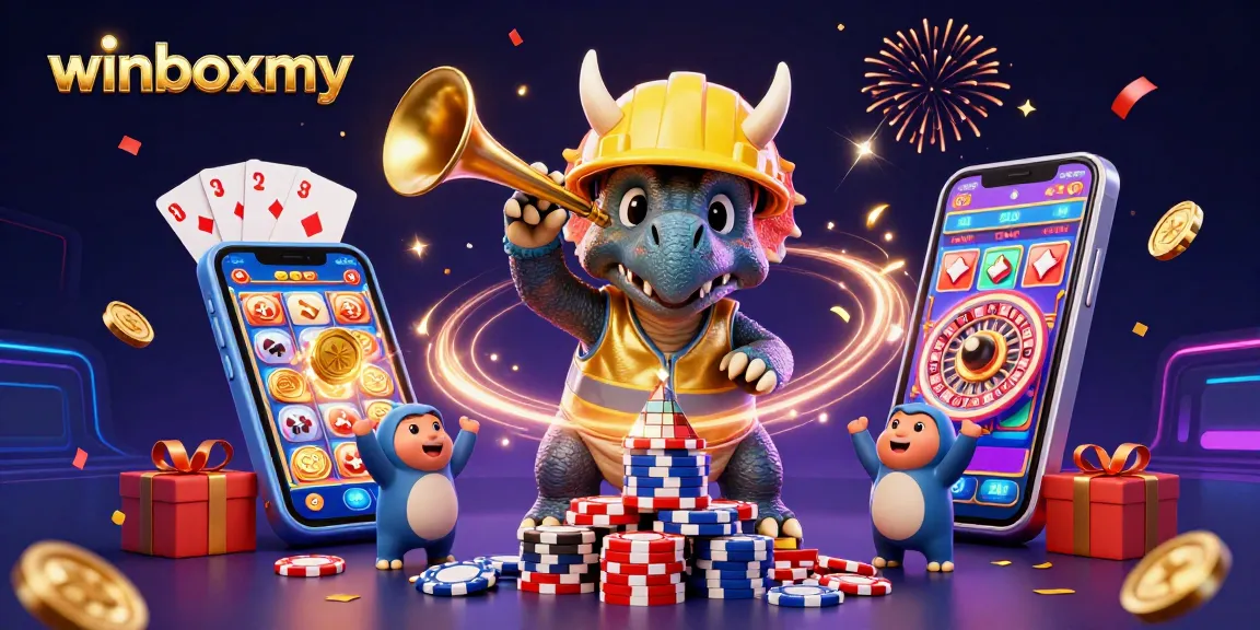 winboxmy showcases a vibrant online casino atmosphere with characters celebrating over chips and games