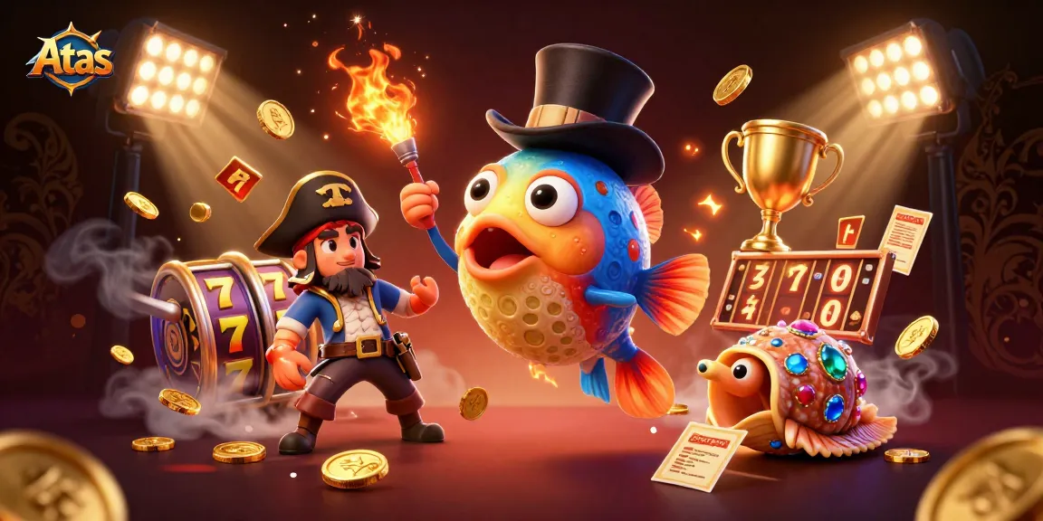 Experience thrilling gaming action at Atas with vibrant characters and dazzling slot elements.