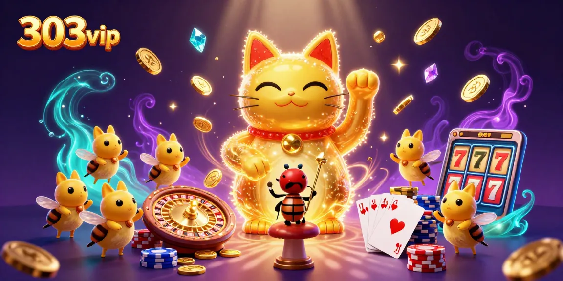 Engage with the vibrant world of 303vip casino featuring a lucky cat amidst dynamic slot reels and casino symbols.