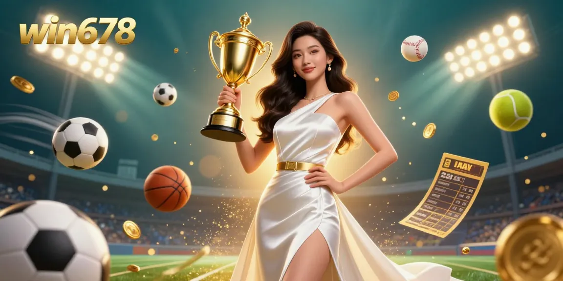 Win678 showcases a victorious Asian woman in a luxurious gown, celebrating sports betting success with dynamic elements.