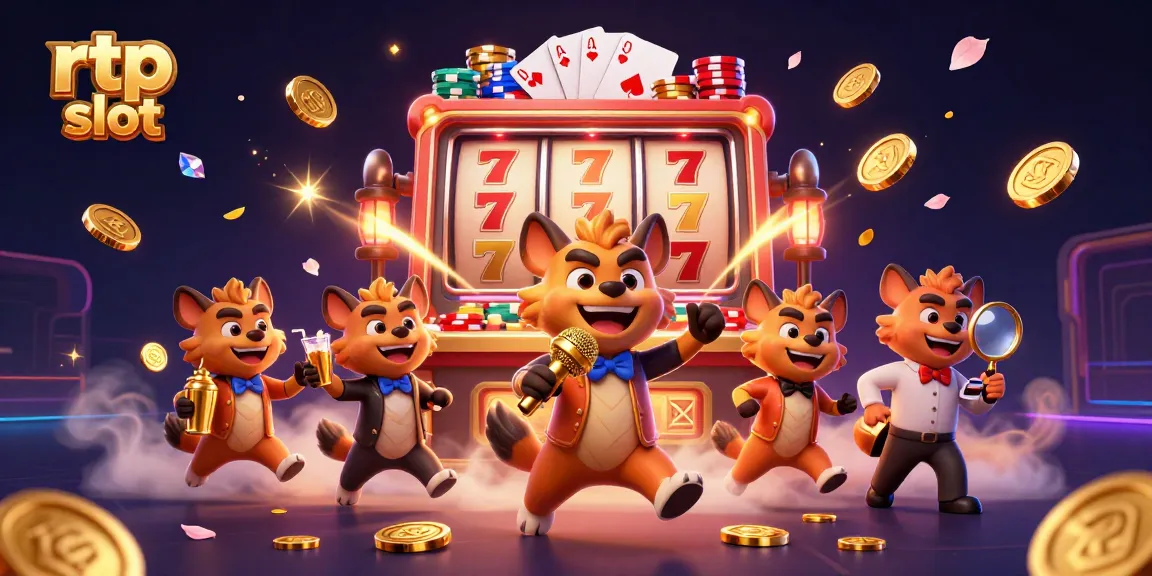 Experience excitement in an rtp slot scene with a hyena comedy club and vibrant casino elements.