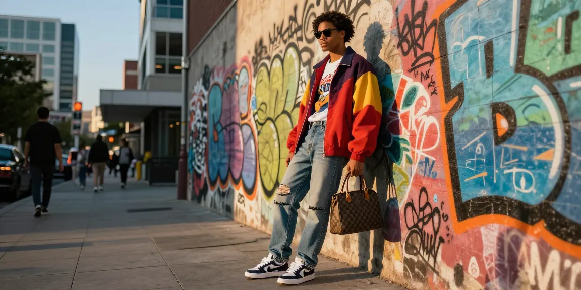 Fashionable individual demonstrating stylish 레플리카 attire against vibrant urban graffiti wall.