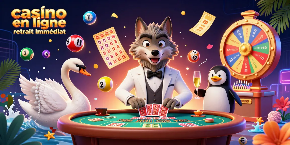 Découvrez l'excitation du casino en ligne retrait immédiat avec des personnages dynamiques et des éléments de casino vibrants.