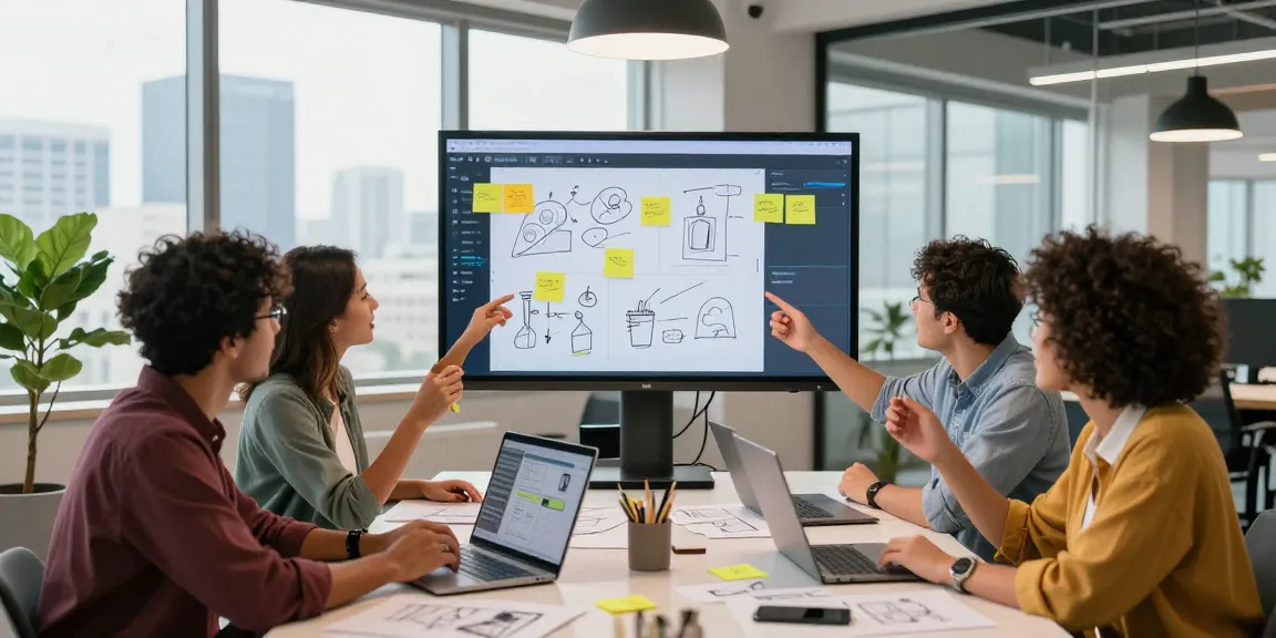 Team collaborating on a mixboard in a creative workspace, showcasing digital brainstorming.