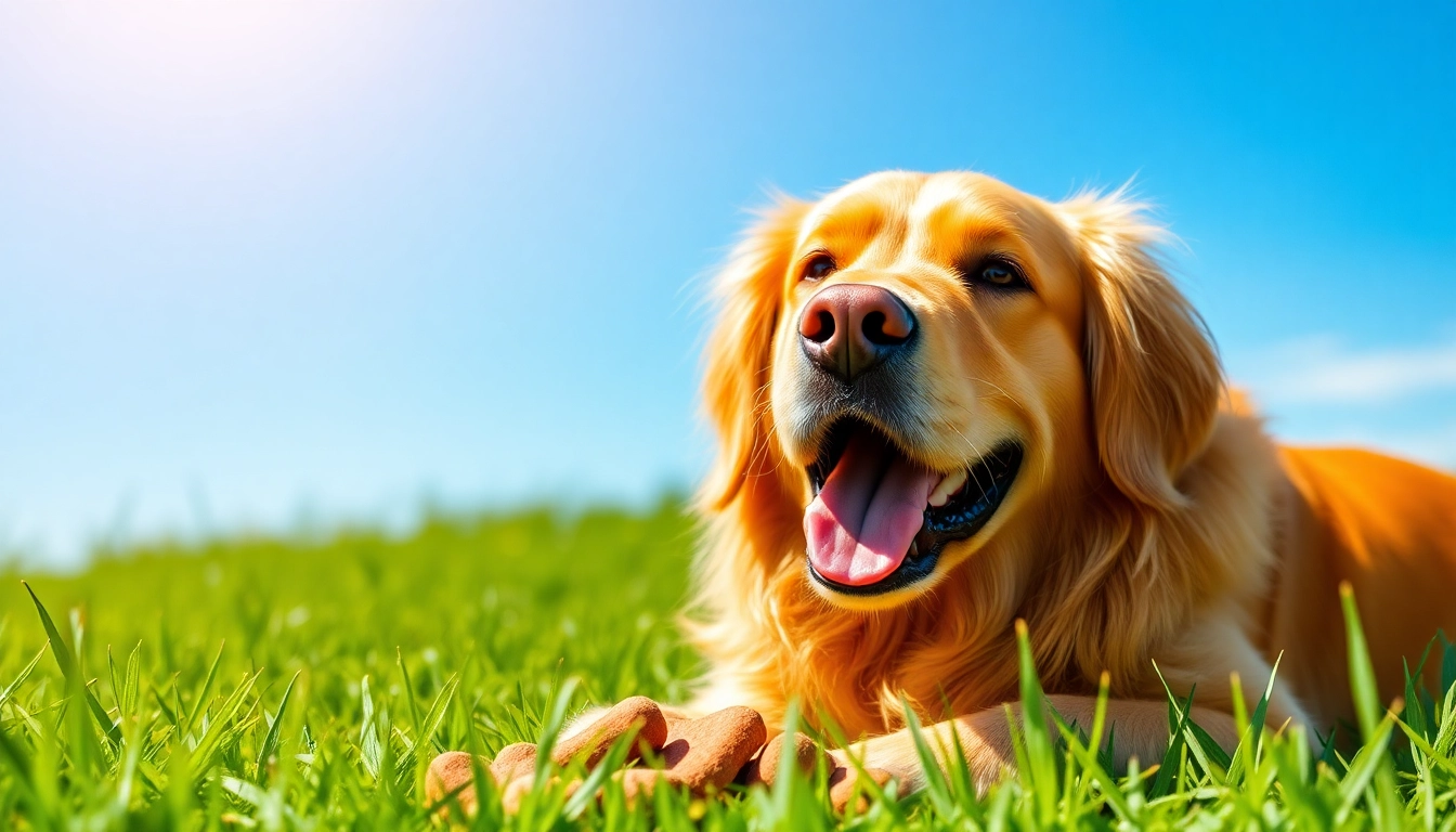 CBD For Pet: Happy golden retriever playing with CBD-infused treats in a sunny outdoor setting.