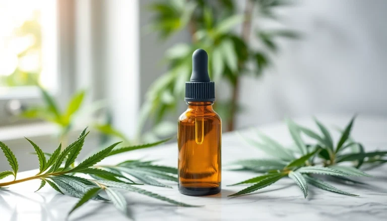 Showcase of CBD oil dropper bottle highlighted with green hemp leaves, conveying wellness and tranquility.