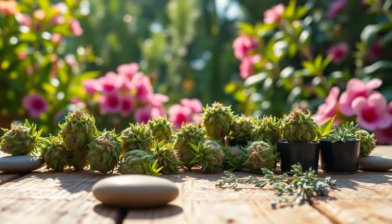 Showcase of Mental Wellness CBD buds resting on a rustic table amidst a tranquil garden setting.