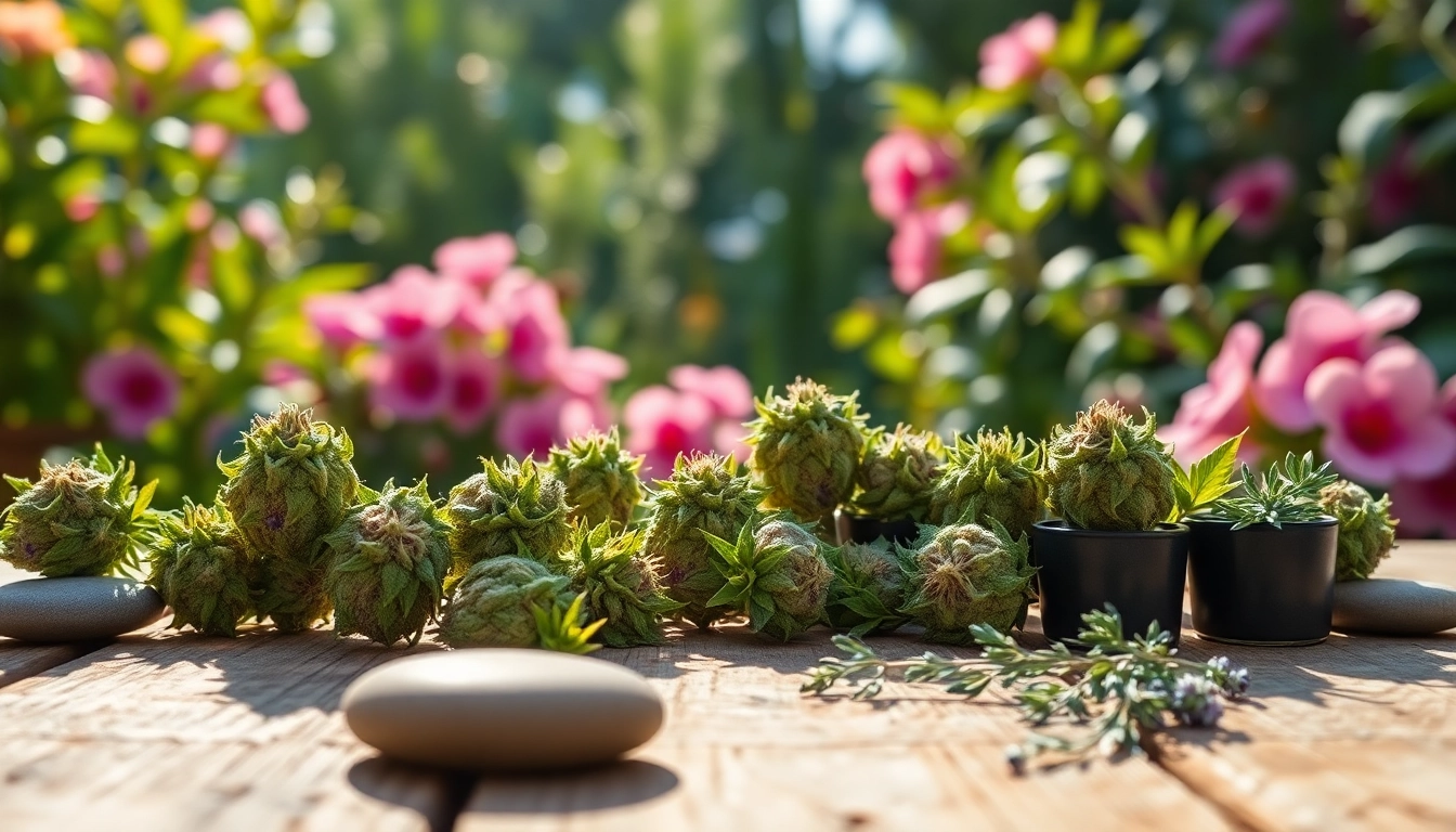 Showcase of Mental Wellness CBD buds resting on a rustic table amidst a tranquil garden setting.