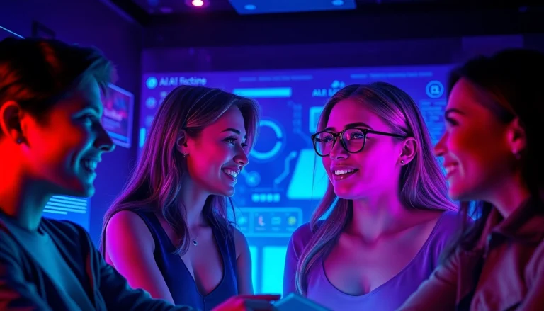 Engaging AI porn chat scene with diverse avatars and a neon-lit virtual background.