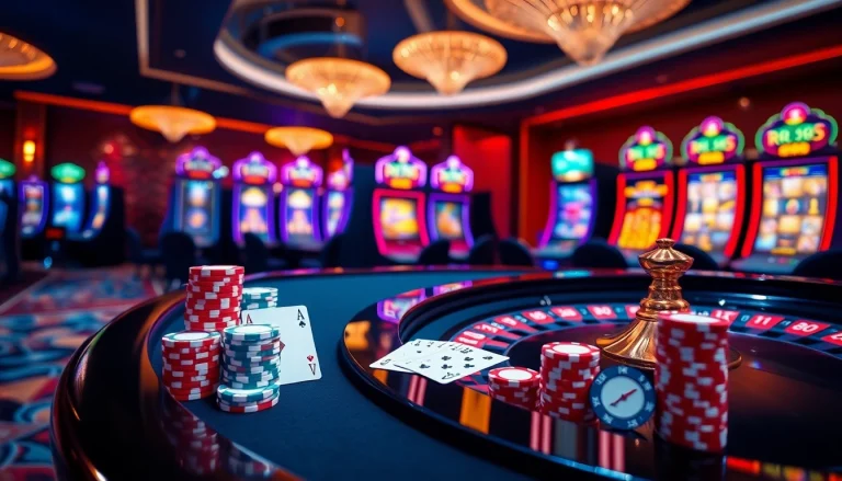 Experience RR88 excitement with vibrant casino tables, poker chips, and dynamic slot machine lights.