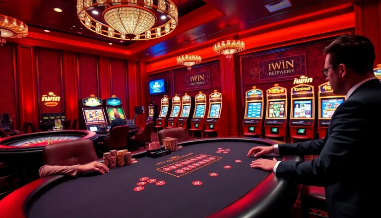 Experience thrilling gaming action at https://iwin.cn.com/ with an elegant poker table in a luxurious casino.