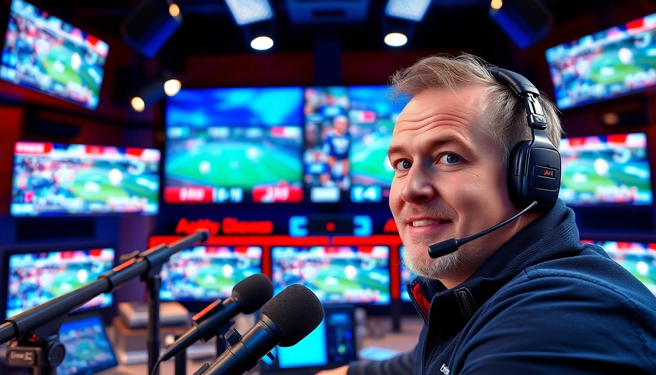 Engaging scene of sports broadcasting, showcasing a commentator with dynamic screens displaying various games.