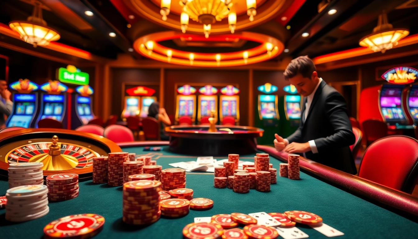 Players enjoying a thrilling game at the bk8thai casino table, surrounded by vibrant gaming elements.