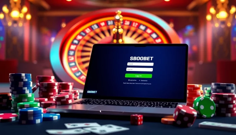 Log in to sbobet for an exciting online gambling experience with poker chips and a roulette wheel.
