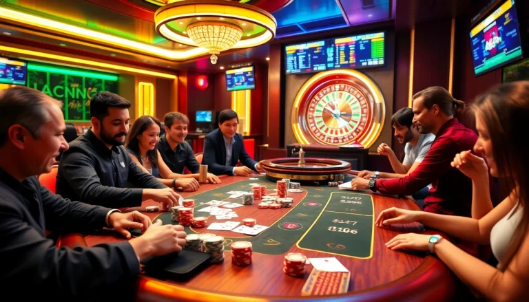 Exciting poker game at Gopay88 with players, colorful chips, and vibrant casino lights.