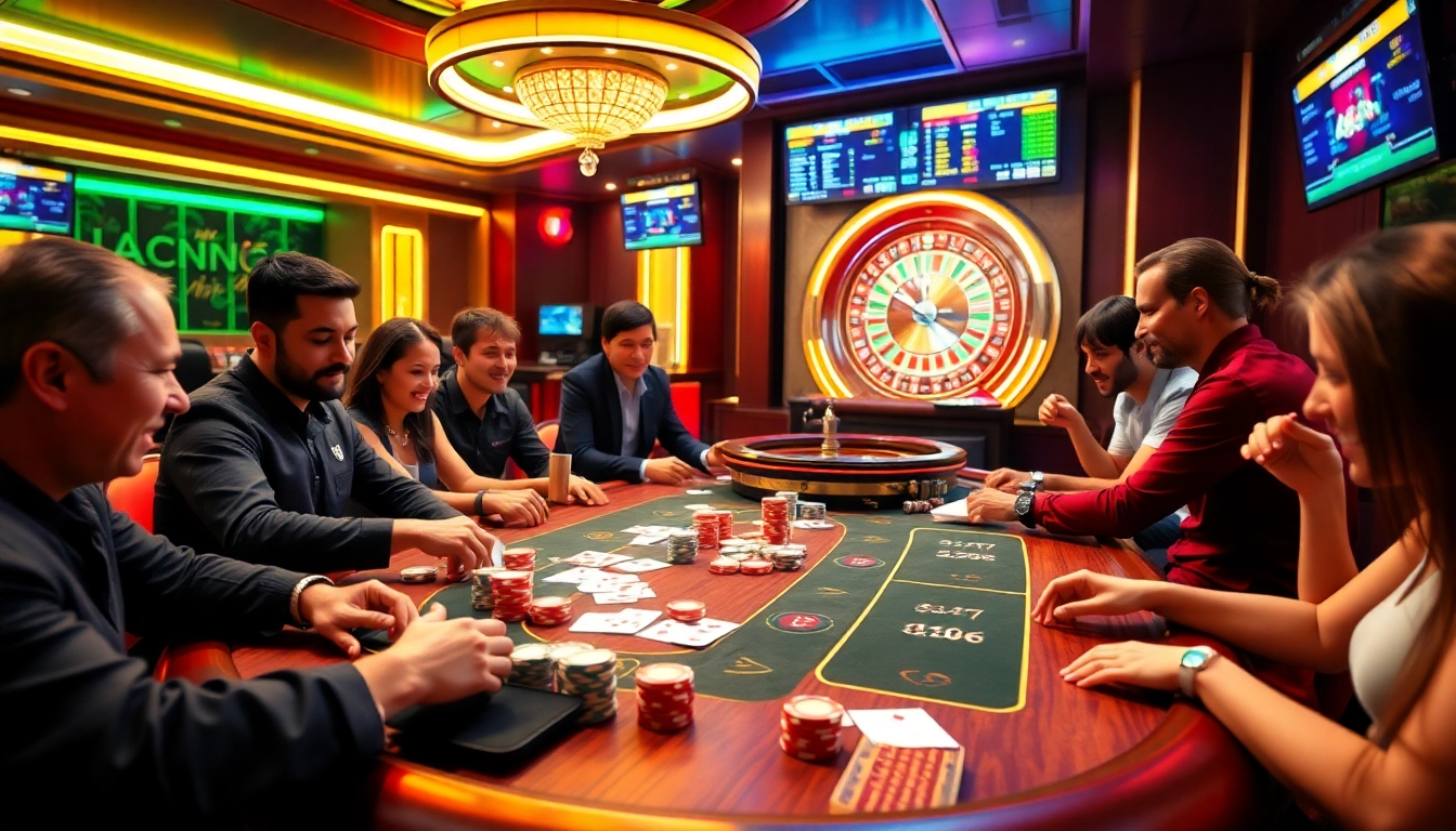 Exciting poker game at Gopay88 with players, colorful chips, and vibrant casino lights.