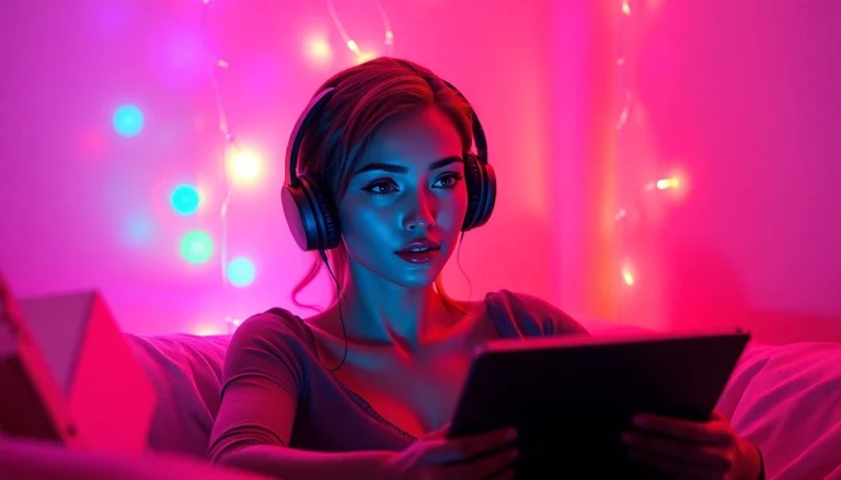 Engaging AI porn chat scene with vibrant lights and a lifelike avatar.