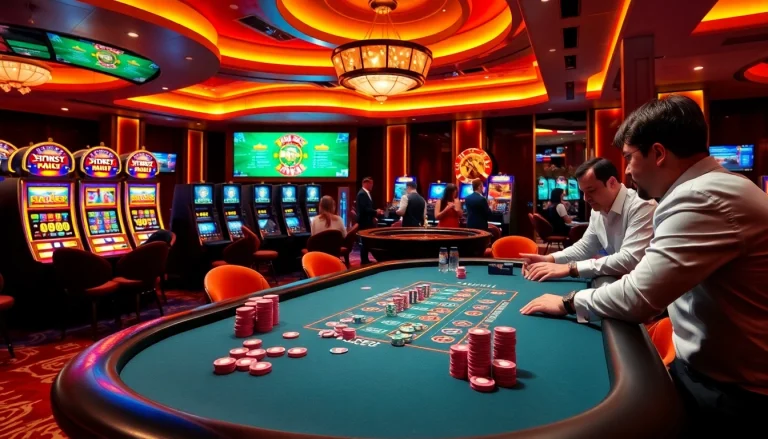Players enjoying a thrilling poker game at MM88, showcasing vibrant casino elements like chips and slot machines.