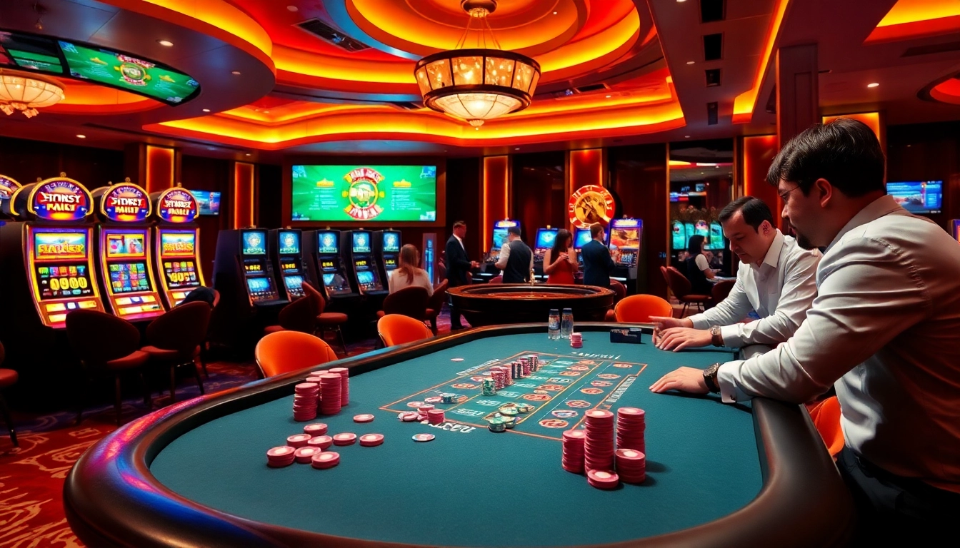Players enjoying a thrilling poker game at MM88, showcasing vibrant casino elements like chips and slot machines.