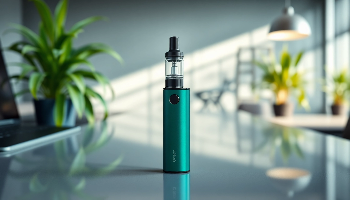 Showcasing a cbd oil vape pen on a modern desk surrounded by soothing plants.