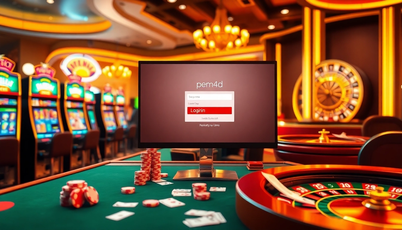 Engaging online casino scene featuring pen4d login interface with vibrant slot machines and poker tables.